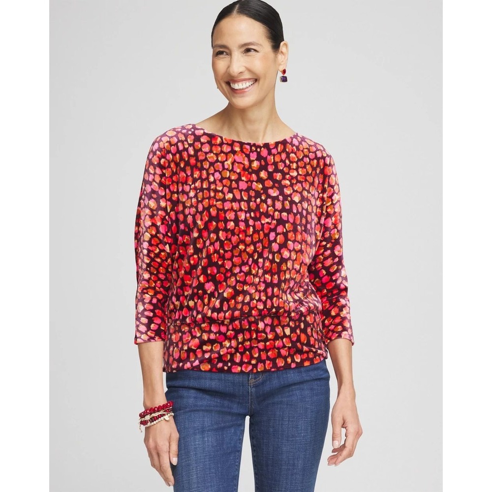 Chico's Velvet Banded Hem Print Top Pink Orange Purple Abstract 3/4 Sleeve XL 3